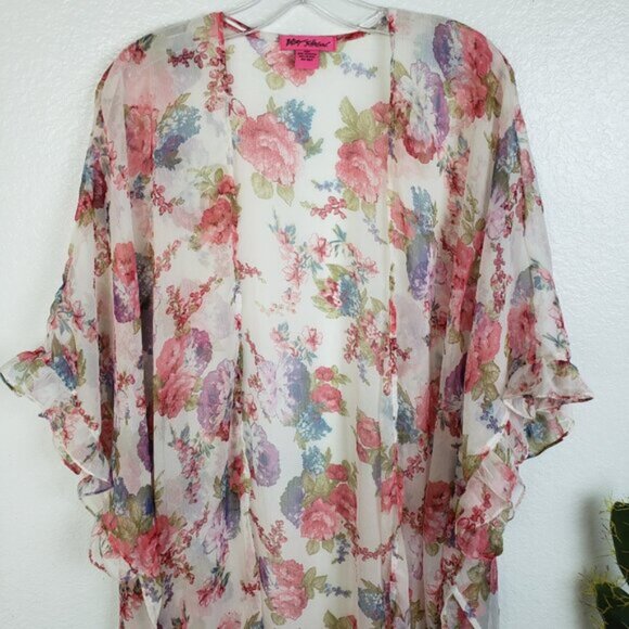 Betsey Johnson Floral Print Sheer Kimono Ruffled Swim Cover-up Loungewear O/S - Picture 2 of 12